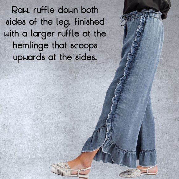 EASEL RESTOCKED! Raw Ruffle Trim Pants Elastic & Drawstring Waist & Scooped Hem - Picture 9 of 15